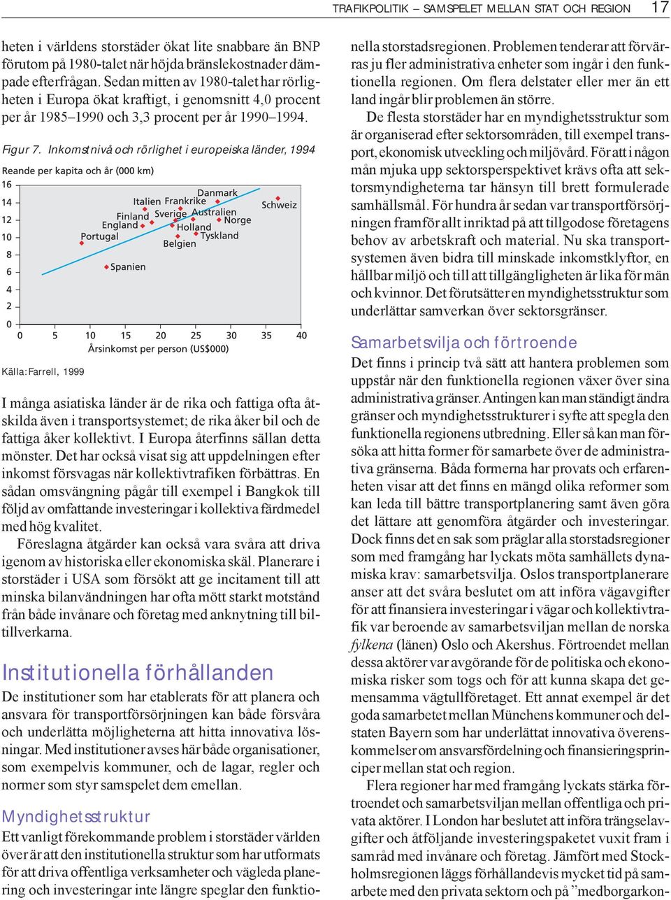 Inkomstnivå och rörlighet i europeiska länder, 1994 Källa: Farrell, 1999 I många asiatiska länder är de rika och fattiga ofta åtskilda även i transportsystemet; de rika åker bil och de fattiga åker