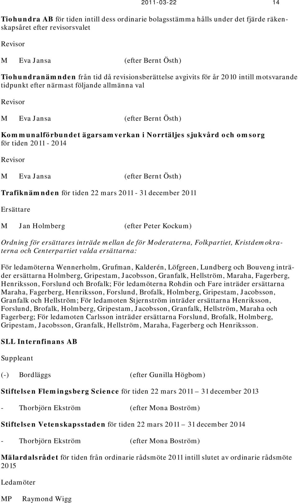 och omsorg för tiden 2011-2014 Revisor M Eva Jansa (efter Bernt Östh) Trafiknämnden för tiden 22 mars 2011-31 december 2011 Ersättare M Jan Holmberg (efter Peter Kockum) Ordning för ersättares