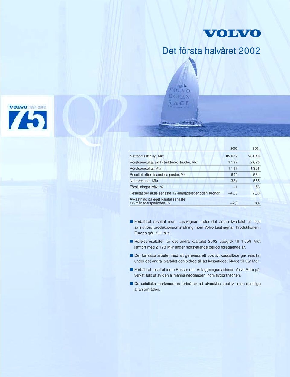 senaste 12-månadersperioden, % 2,0 3,4 Förbättrat resultat inom Lastvagnar under det andra kvartalet till följd av slutförd produktionsomställning inom Volvo Lastvagnar.