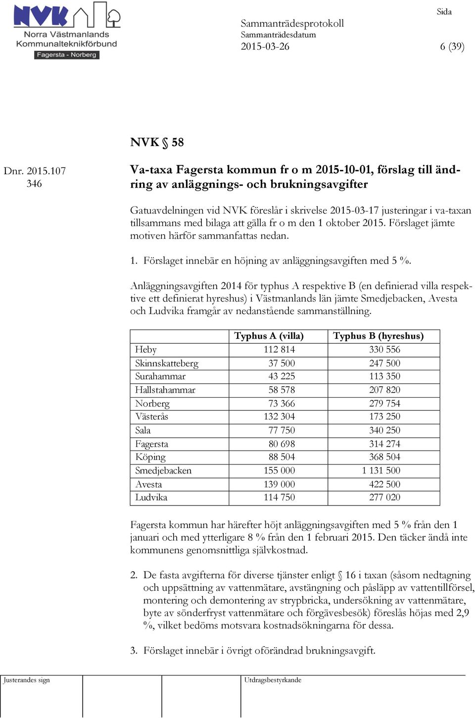 tillsammans med bilaga att gälla fr o m den 1 oktober 2015. Förslaget jämte motiven härför sammanfattas nedan. 1. Förslaget innebär en höjning av anläggningsavgiften med 5 %.