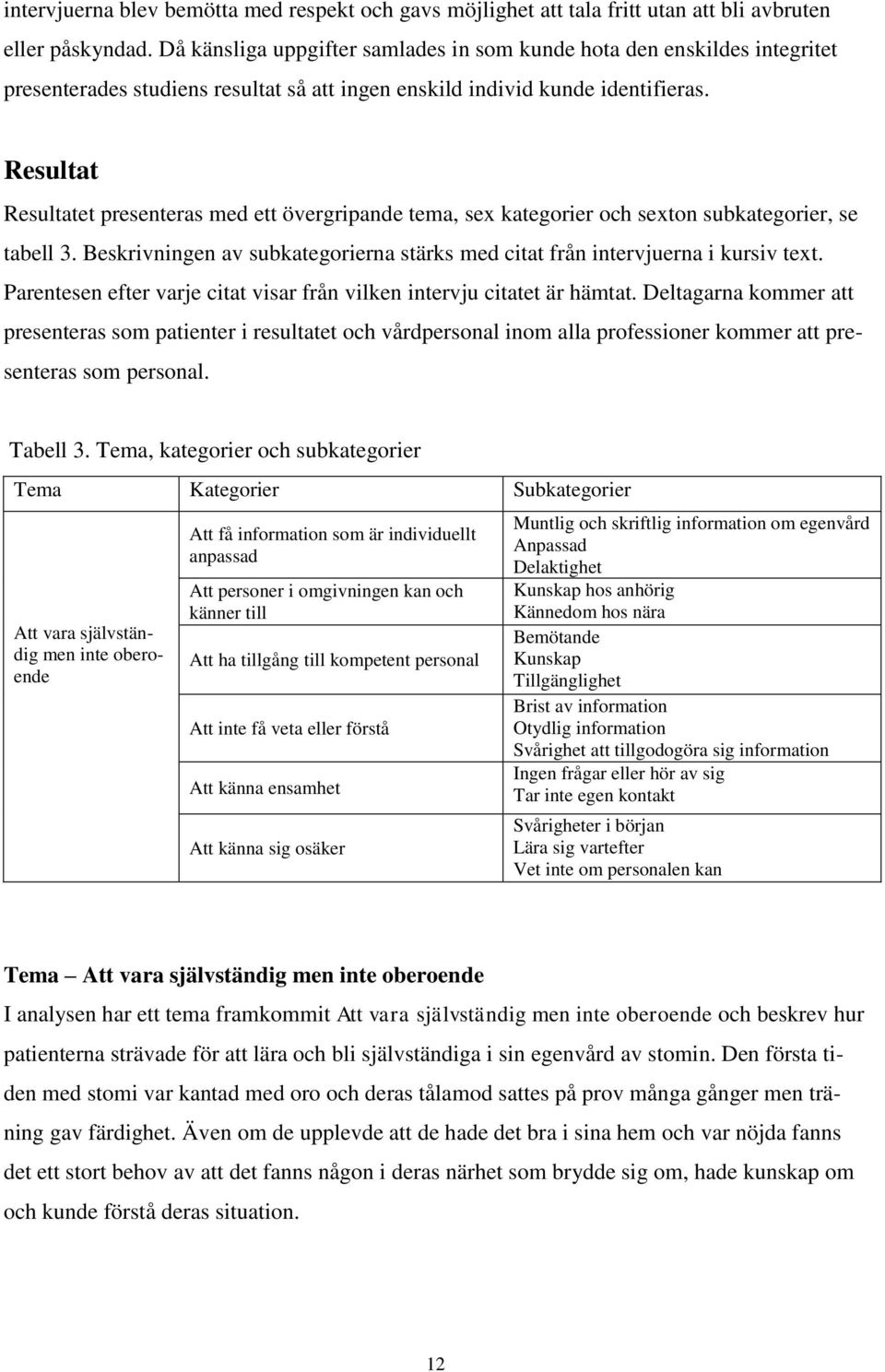 Resultat Resultatet presenteras med ett övergripande tema, sex kategorier och sexton subkategorier, se tabell 3. Beskrivningen av subkategorierna stärks med citat från intervjuerna i kursiv text.