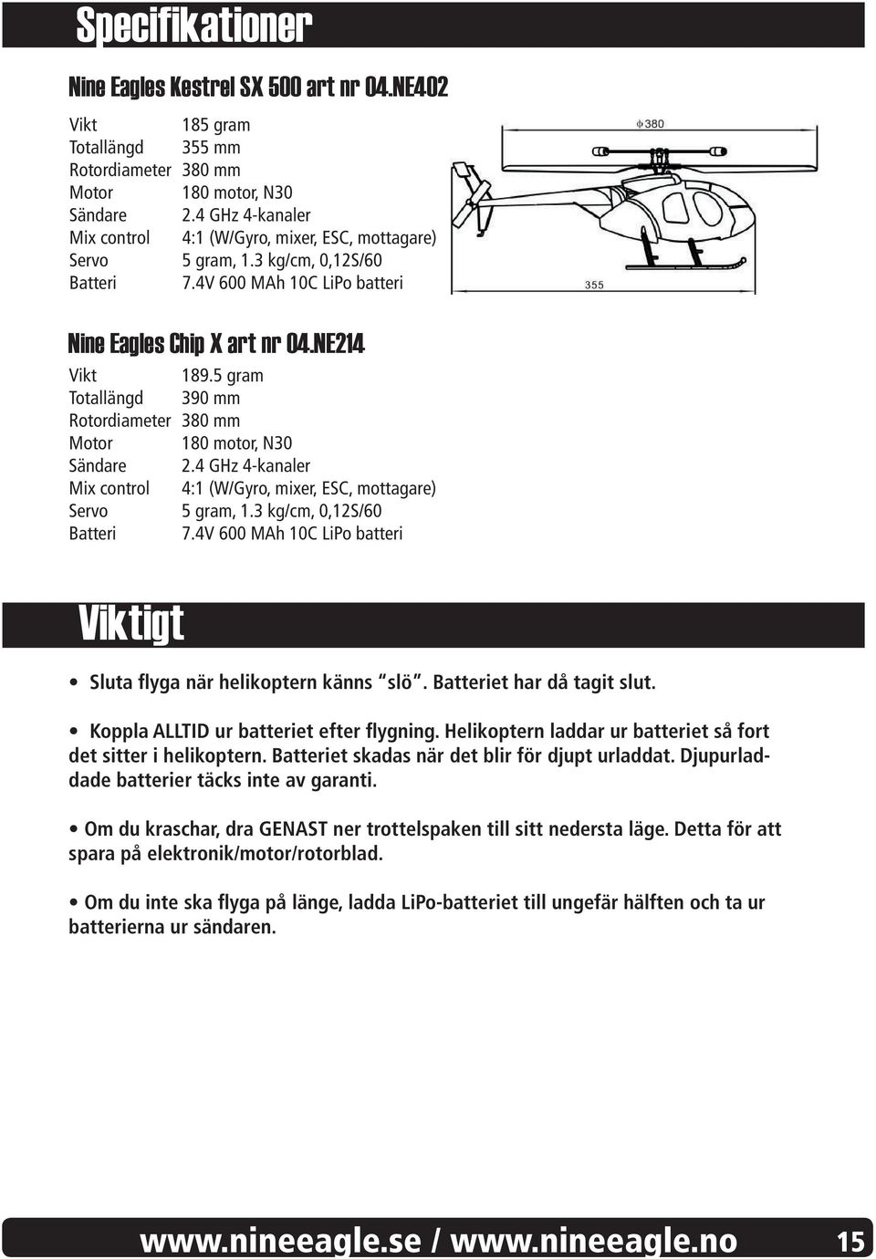 5 gram Totallängd 390 mm Rotordiameter 380 mm Motor 180 motor, N30 Sändare 2.4 GHz 4-kanaler Mix control 4:1 (W/Gyro, mixer, ESC, mottagare) Servo 5 gram, 1.3 kg/cm, 0,12S/60 Batteri 7.