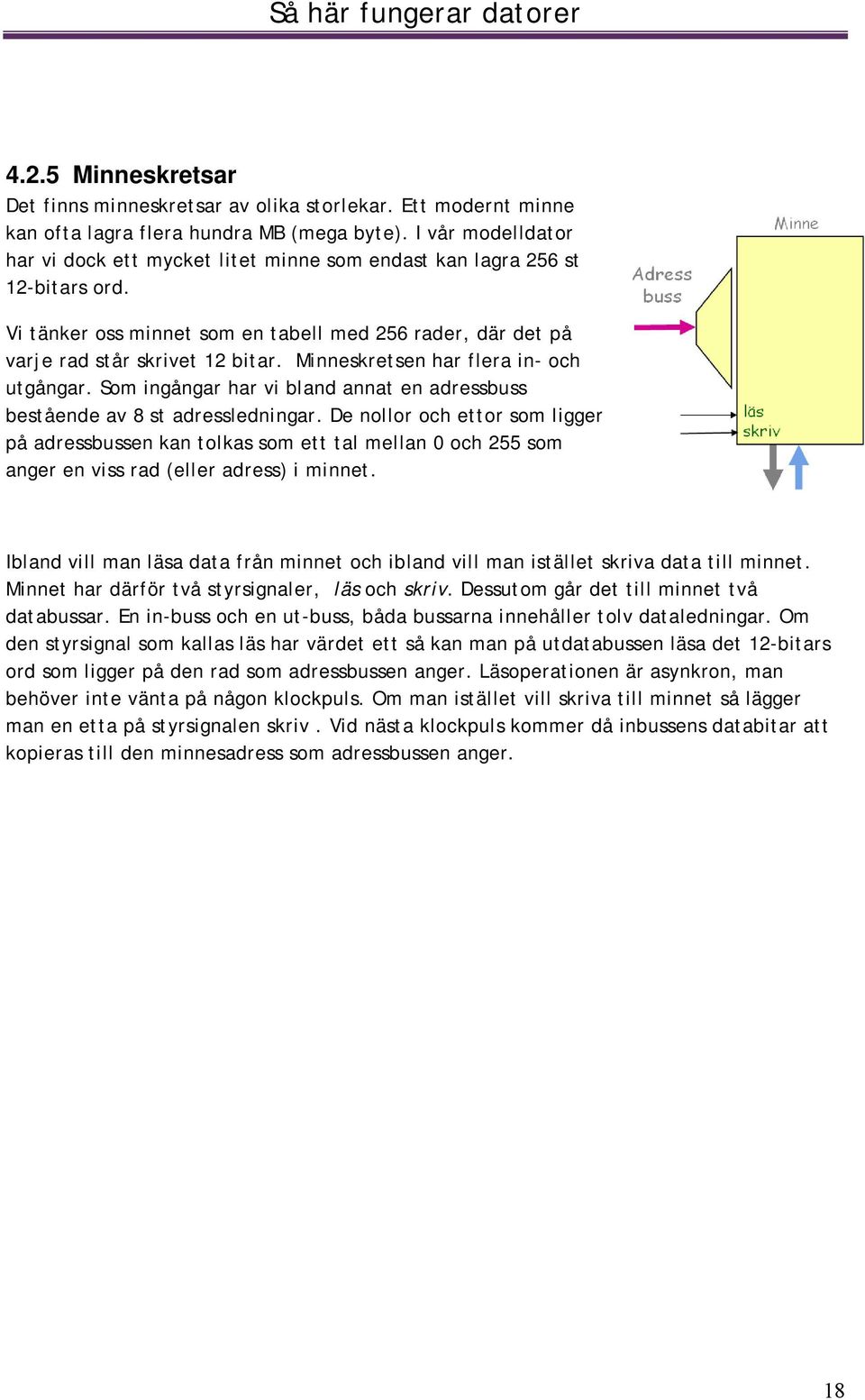 Minneskretsen har flera in- och utgångar. Som ingångar har vi bland annat en adressbuss bestående av 8 st adressledningar.