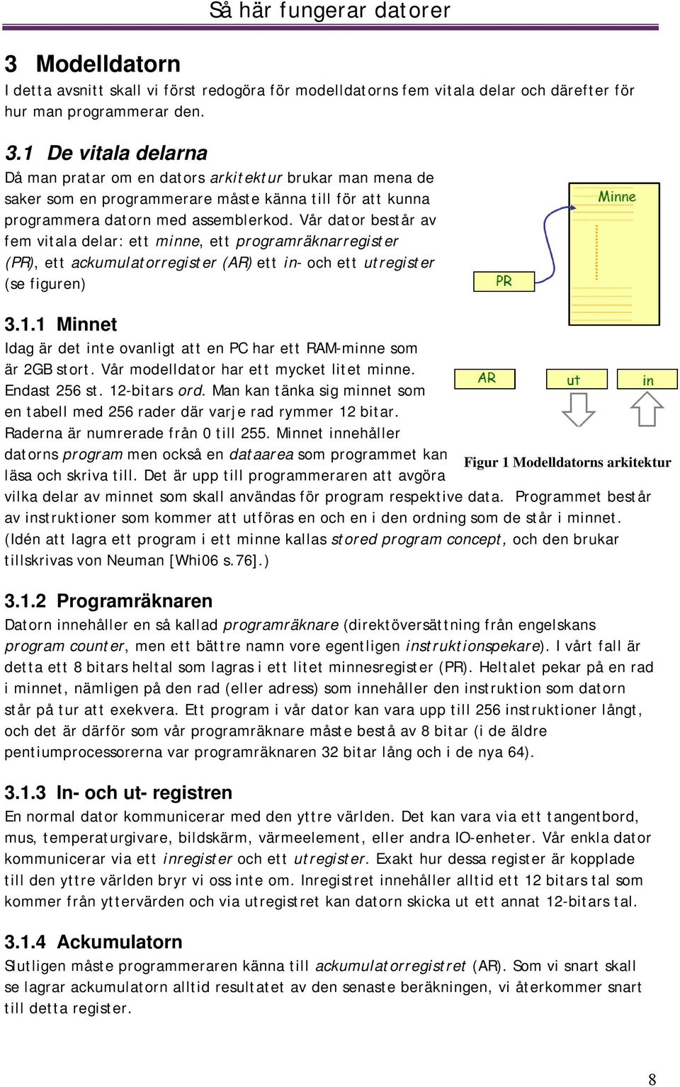 Vår dator består av fem vitala delar: ett minne, ett programräknarregister (PR), ett ackumulatorregister (AR) ett in- och ett utregister (se figuren) 3.1.