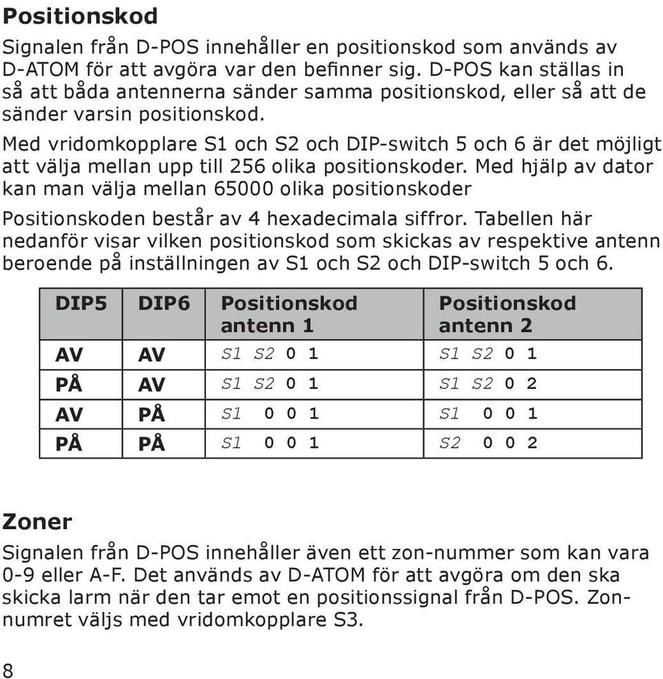 Med vridomkopplare S1 och S2 och DIP-switch 5 och 6 är det möjligt att välja mellan upp till 256 olika positionskoder.