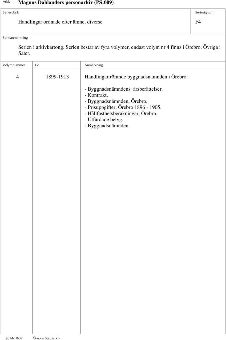 4 1899-1913 Handlingar rörande byggnadsnämnden i Örebro: - Byggnadsnämndens årsberättelser.