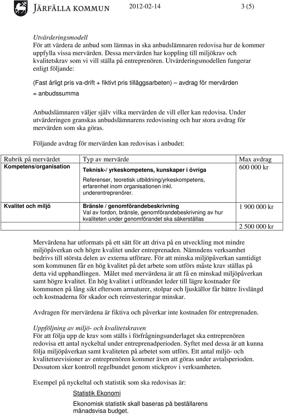 Utvärderingsmodellen fungerar enligt följande: (Fast årligt pris va-drift + fiktivt pris tilläggsarbeten) avdrag för mervärden = anbudssumma Anbudslämnaren väljer själv vilka mervärden de vill eller