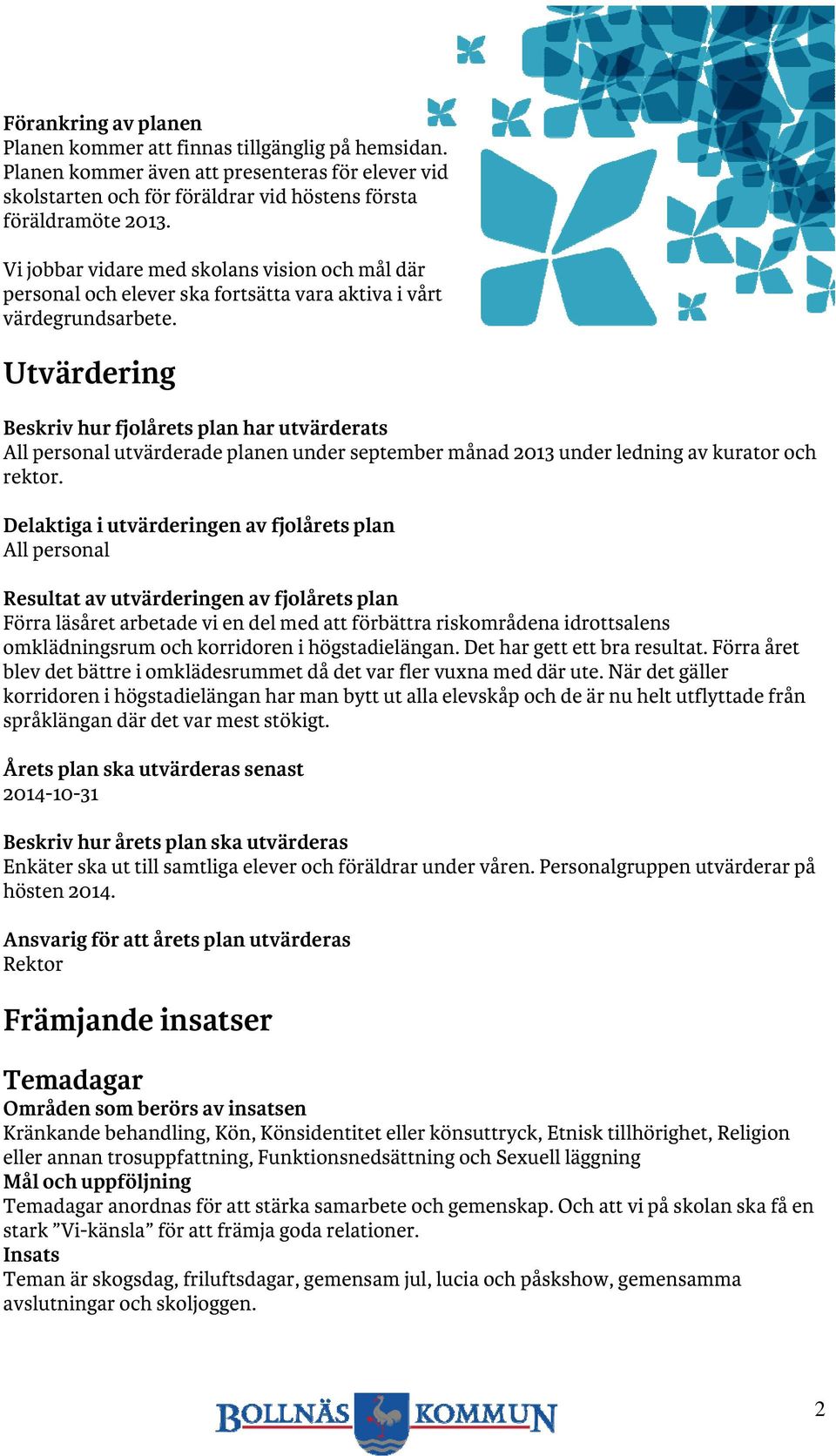 Utvärdering Beskriv hur fjolårets plan har utvärderats All personal utvärderade planen under september månad 2013 under ledning av kurator och rektor.