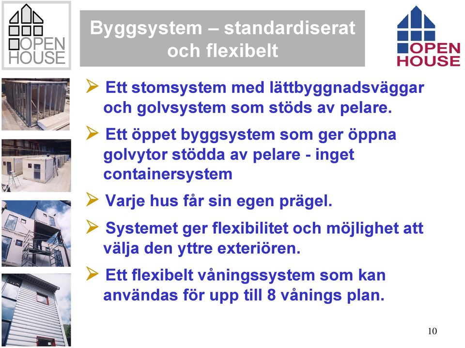 Ett öppet byggsystem som ger öppna golvytor stödda av pelare - inget containersystem Varje hus