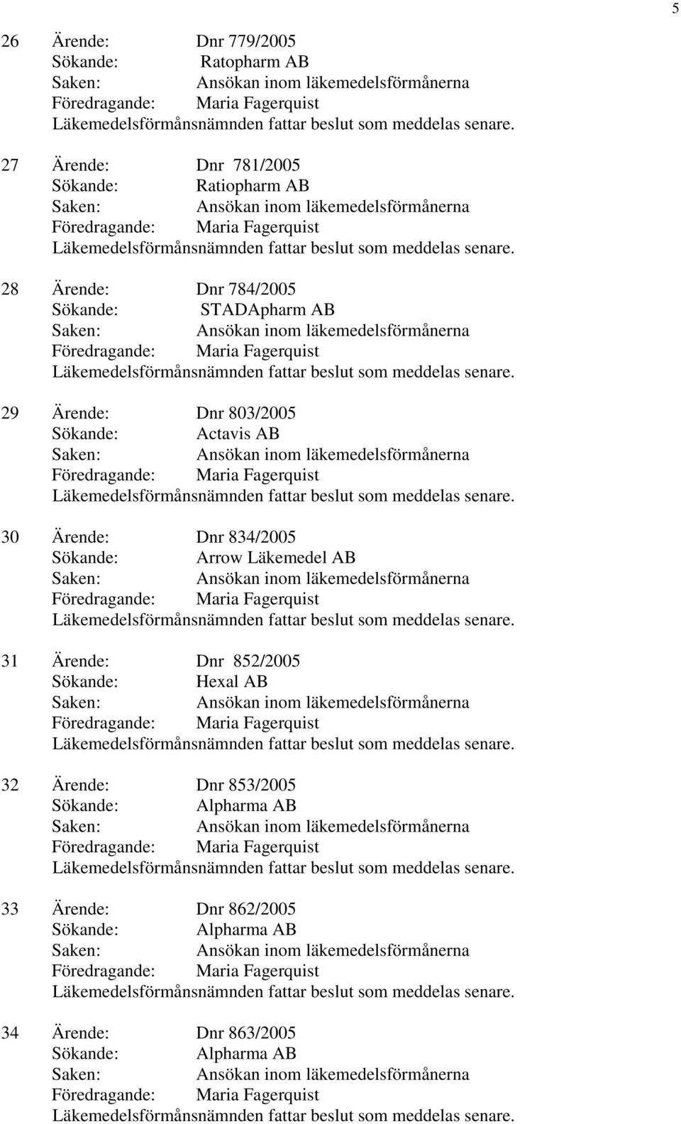 Dnr 834/2005 Sökande: Arrow Läkemedel AB 31 Ärende: Dnr 852/2005 32 Ärende: Dnr 853/2005 Sökande: