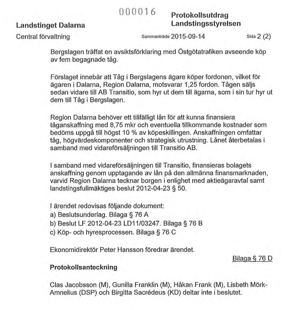 Tågen säljs sedan vidare till AB Transitio, som hyr ut dem till ägarna, som i sin tur hyr ut dem till Tåg i Bergslagen.