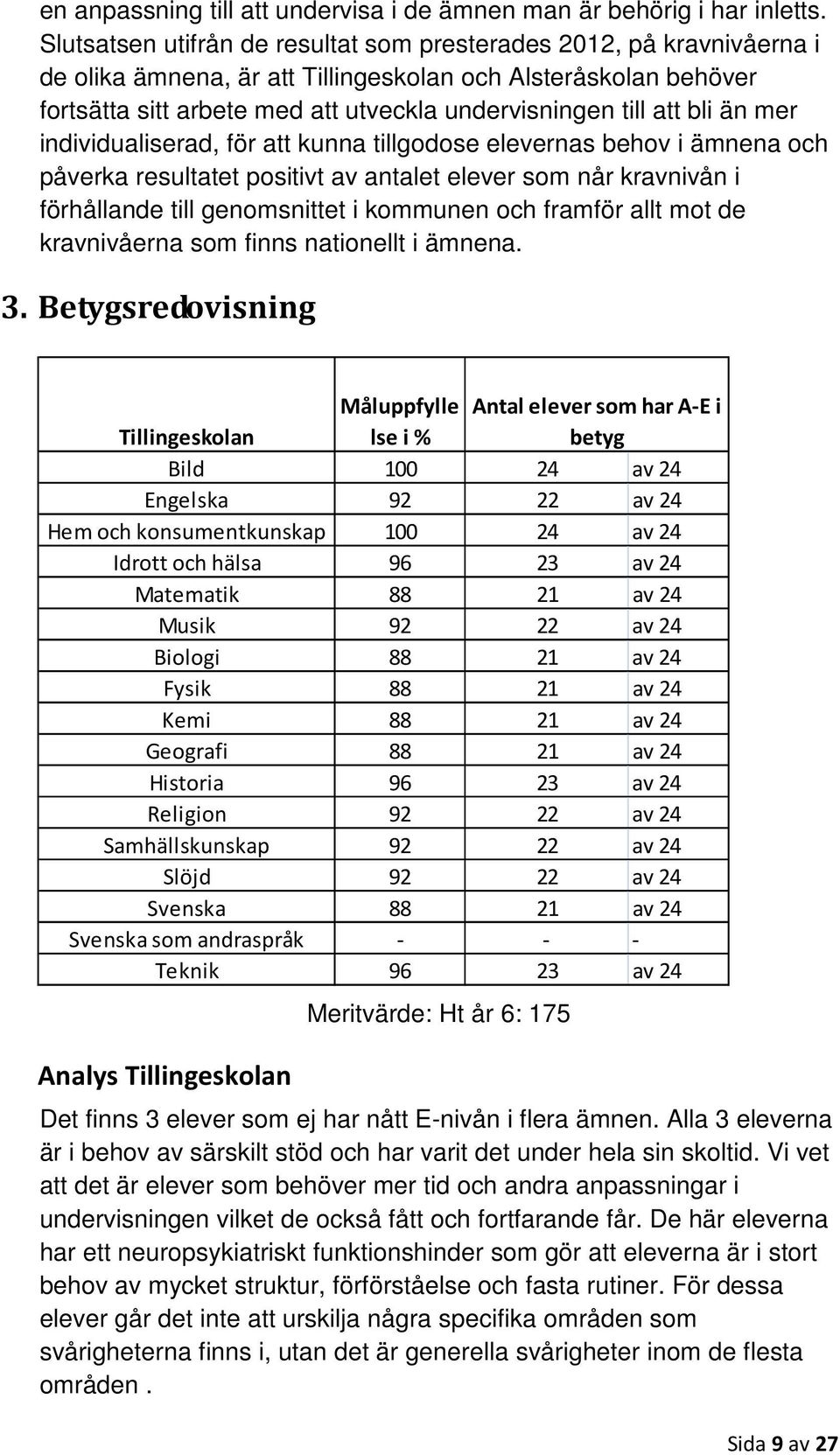 bli än mer individualiserad, för att kunna tillgodose elevernas behov i ämnena och påverka resultatet positivt av antalet elever som når kravnivån i förhållande till genomsnittet i kommunen och