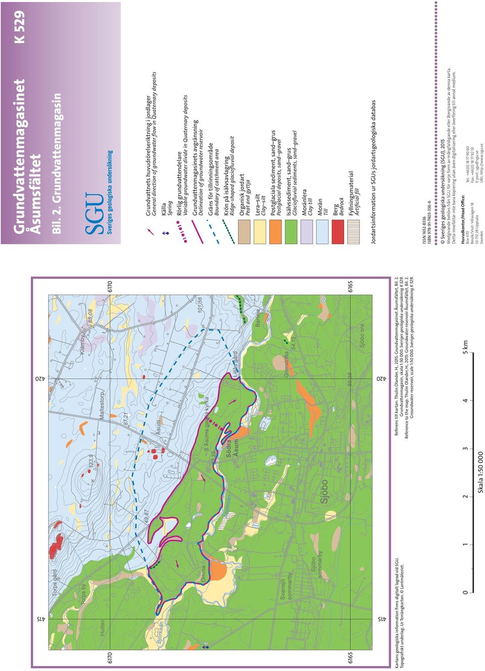 , 2015: Groundwater reservoir Åsumsfältet, Bil. 2. Groundwater reservoir, scale 1:50 000. Sveriges geologiska undersökning K 529. 0 1 2 3 4 5 km Skala 1:50 000 Grundvattenmagasinet Åsumsfältet Bil.