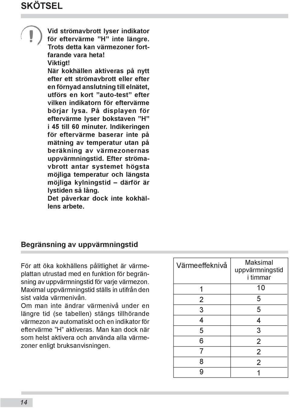 På displayen för eftervärme lyser bokstaven H i 45 till 60 minuter. Indikeringen för eftervärme baserar inte på mätning av temperatur utan på beräkning av värmezonernas uppvärmningstid.