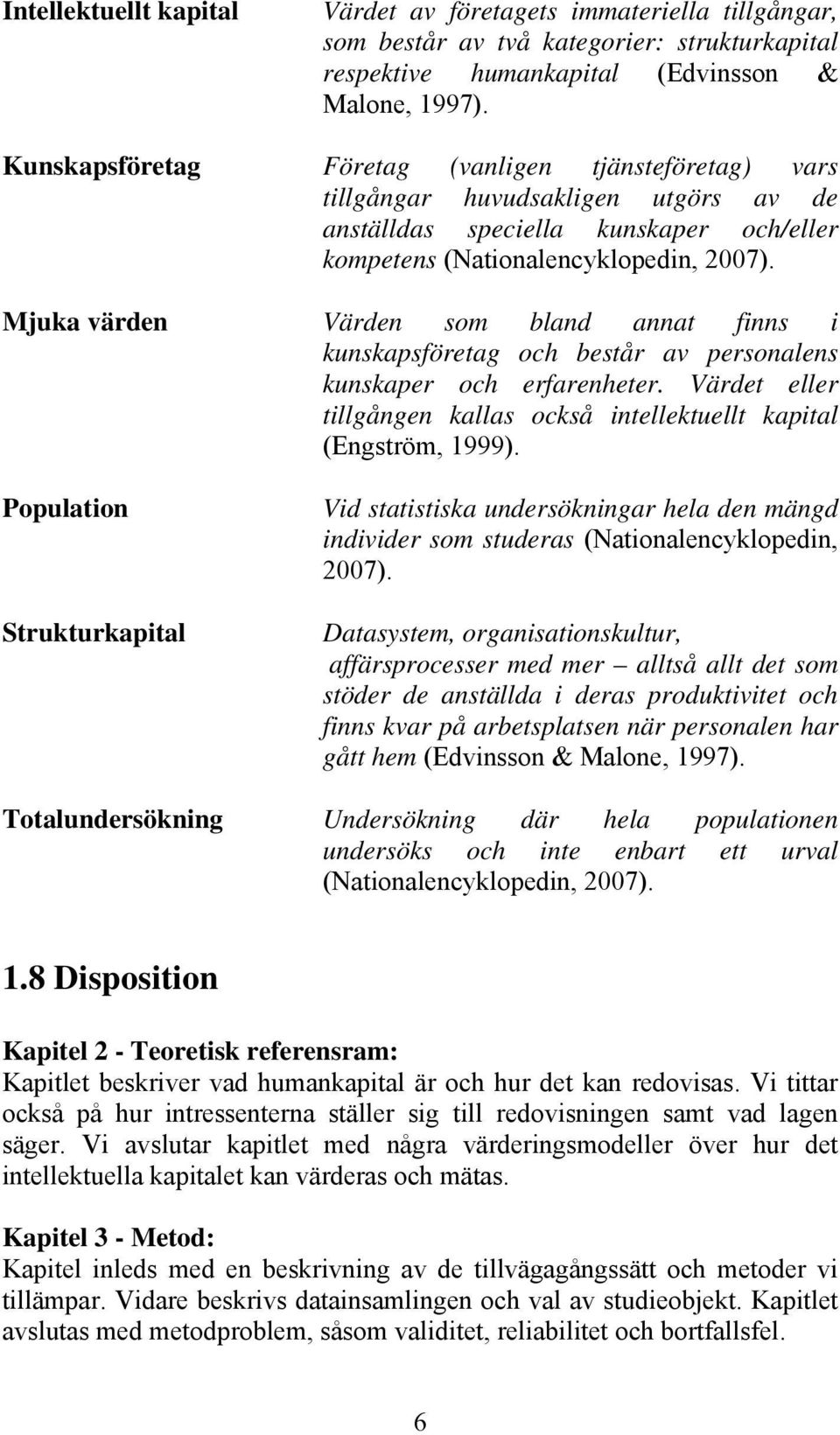 Mjuka värden Värden som bland annat finns i kunskapsföretag och består av personalens kunskaper och erfarenheter. Värdet eller tillgången kallas också intellektuellt kapital (Engström, 1999).