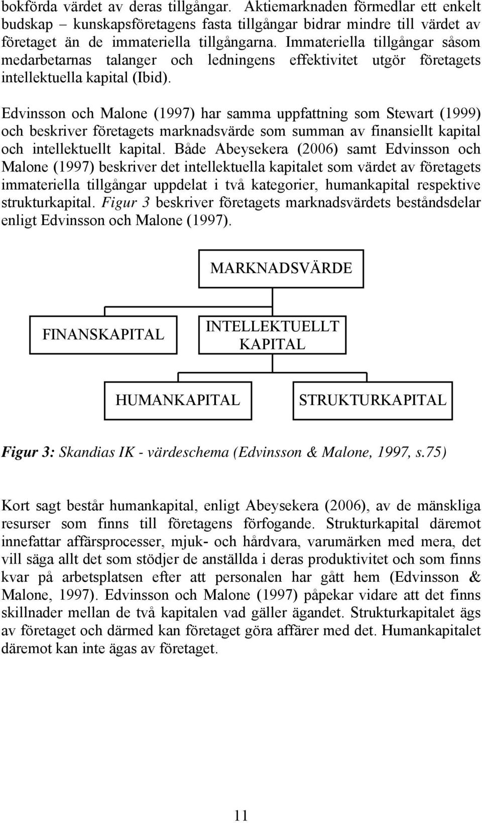 Edvinsson och Malone (1997) har samma uppfattning som Stewart (1999) och beskriver företagets marknadsvärde som summan av finansiellt kapital och intellektuellt kapital.