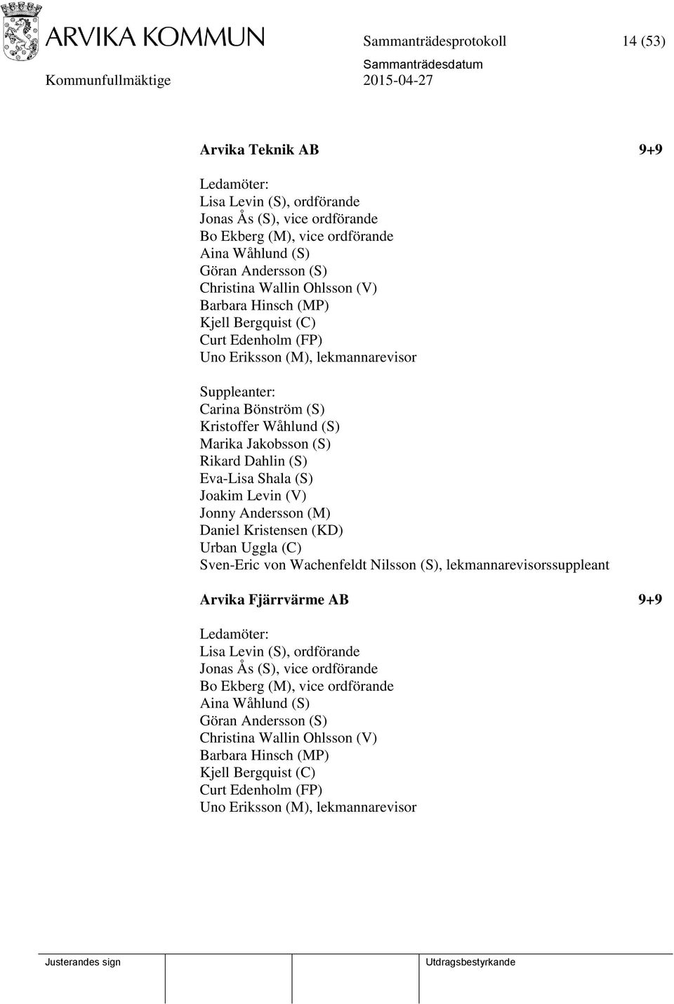 Dahlin (S) Eva-Lisa Shala (S) Joakim Levin (V) Jonny Andersson (M) Daniel Kristensen (KD) Urban Uggla (C) Sven-Eric von Wachenfeldt Nilsson (S), lekmannarevisorssuppleant Arvika Fjärrvärme AB 9+9