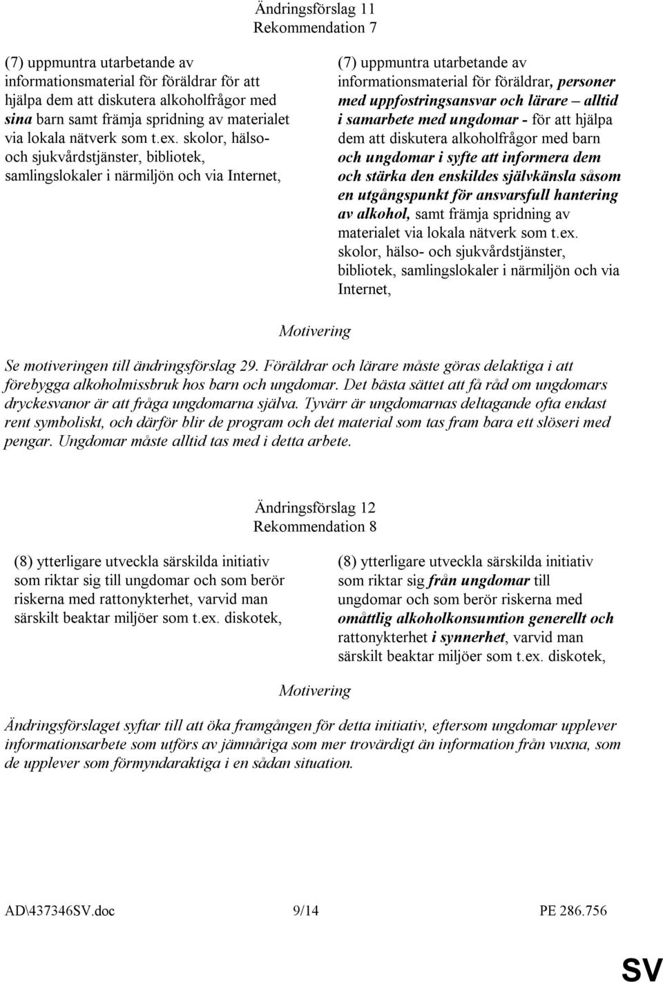 skolor, hälsooch sjukvårdstjänster, bibliotek, samlingslokaler i närmiljön och via Internet, (7) uppmuntra utarbetande av informationsmaterial för föräldrar, personer med uppfostringsansvar och