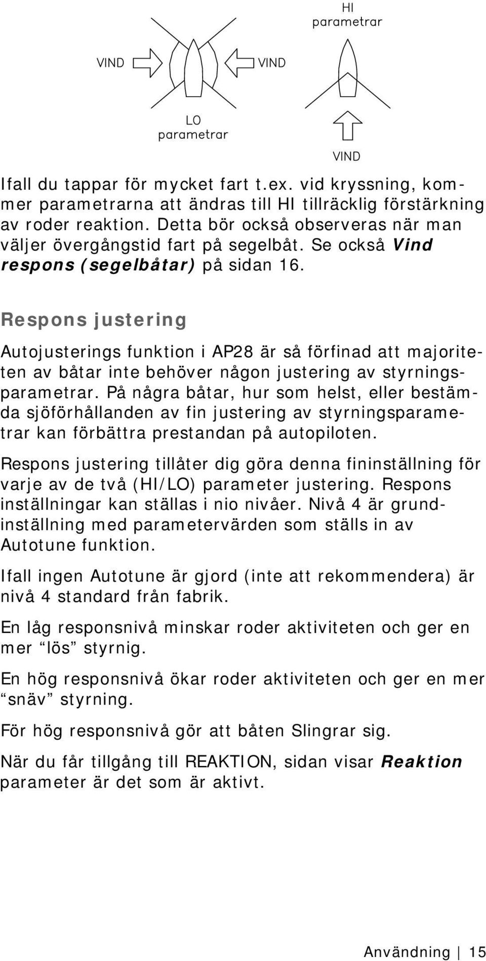 Respons justering Autojusterings funktion i AP28 är så förfinad att majoriteten av båtar inte behöver någon justering av styrningsparametrar.