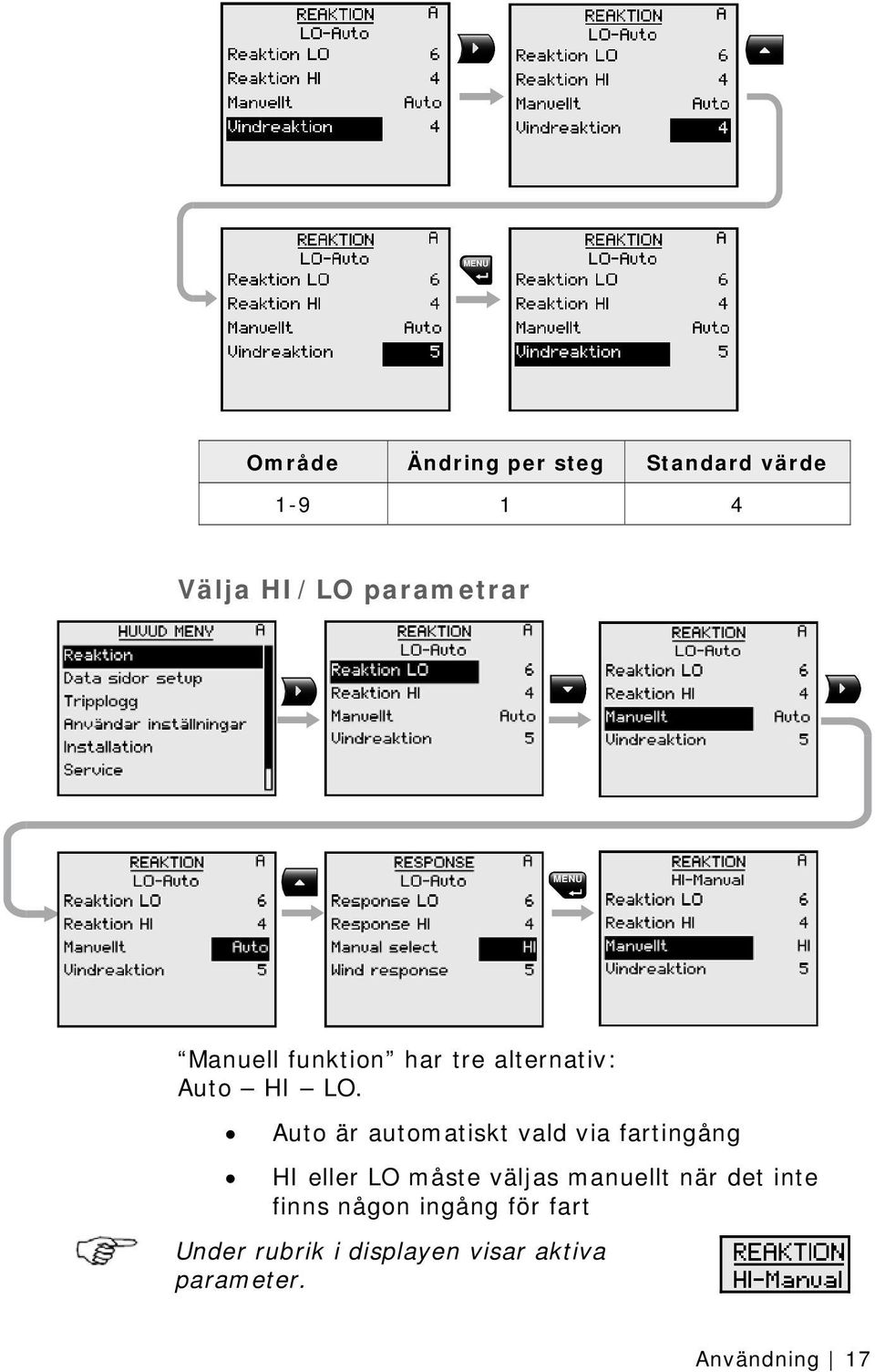 Auto är automatiskt vald via fartingång HI eller LO måste väljas manuellt