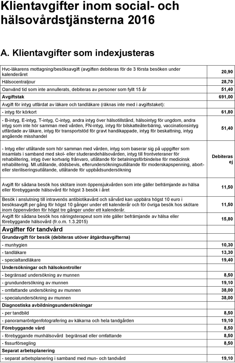 debiteras av personer som fyllt 15 år 51,40 Avgiftstak 691,00 Avgift för intyg utfärdat av läkare och tandläkare (räknas inte med i avgiftstaket): - intyg för körkort 61,80 - B-intyg, E-intyg,