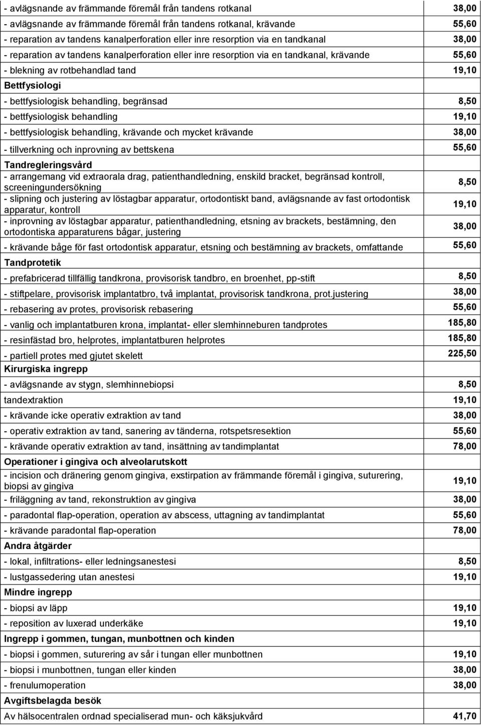 behandling, begränsad 8,50 - bettfysiologisk behandling 19,10 - bettfysiologisk behandling, krävande och mycket krävande 38,00 - tillverkning och inprovning av bettskena 55,60 Tandregleringsvård -