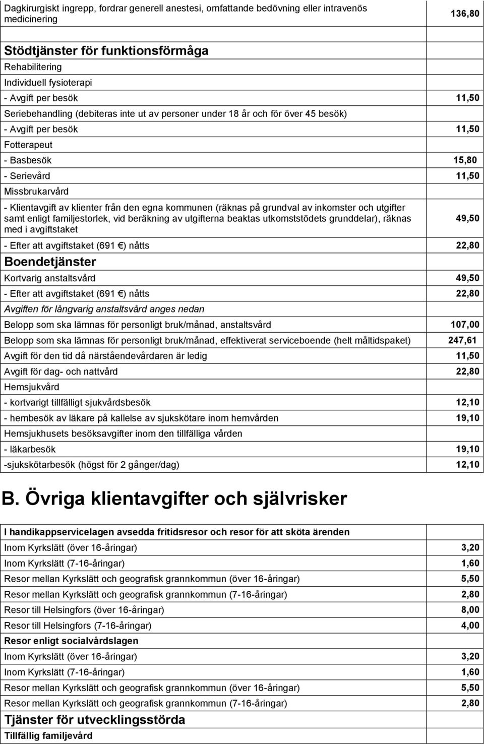 klienter från den egna kommunen (räknas på grundval av inkomster och utgifter samt enligt familjestorlek, vid beräkning av utgifterna beaktas utkomststödets grunddelar), räknas med i avgiftstaket -