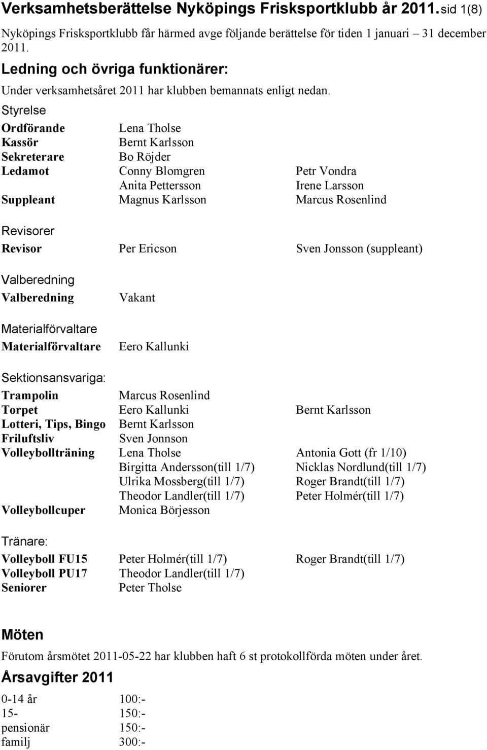 Styrelse Ordförande Lena Tholse Kassör Bernt Karlsson Sekreterare Bo Röjder Ledamot Conny Blomgren Petr Vondra Anita Pettersson Irene Larsson Suppleant Magnus Karlsson Marcus Rosenlind Revisorer