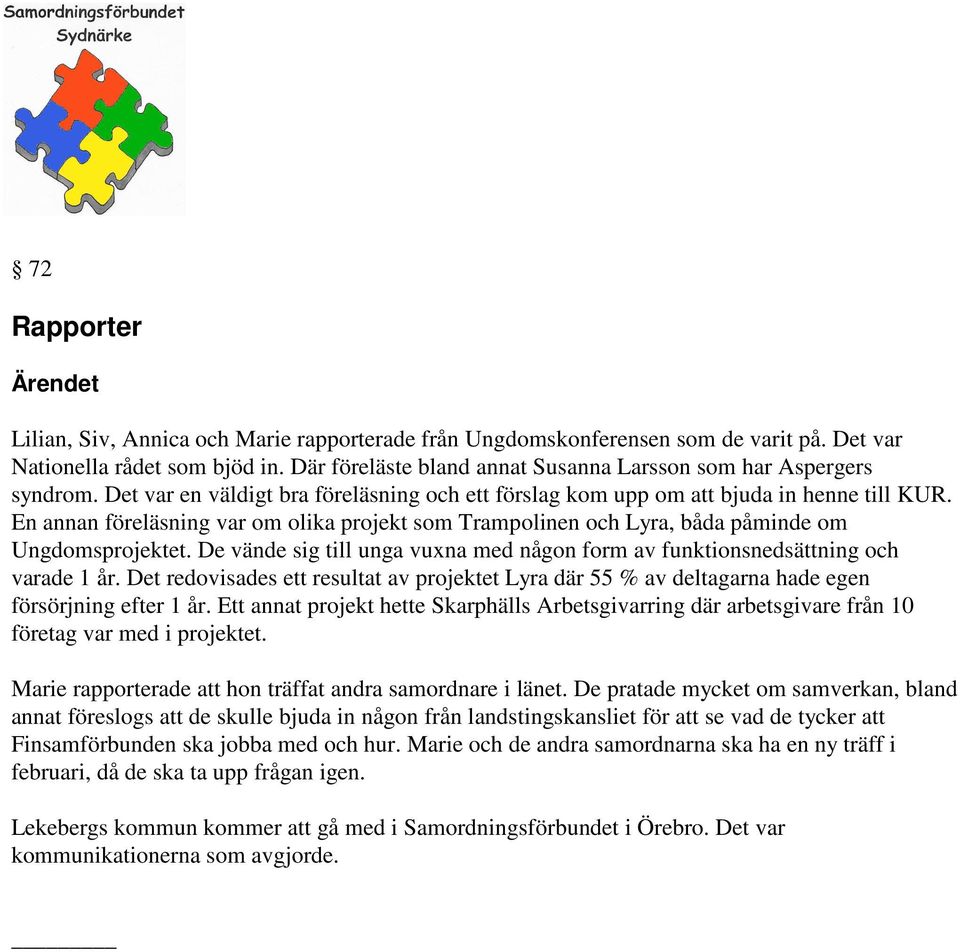 En annan föreläsning var om olika projekt som Trampolinen och Lyra, båda påminde om Ungdomsprojektet. De vände sig till unga vuxna med någon form av funktionsnedsättning och varade 1 år.