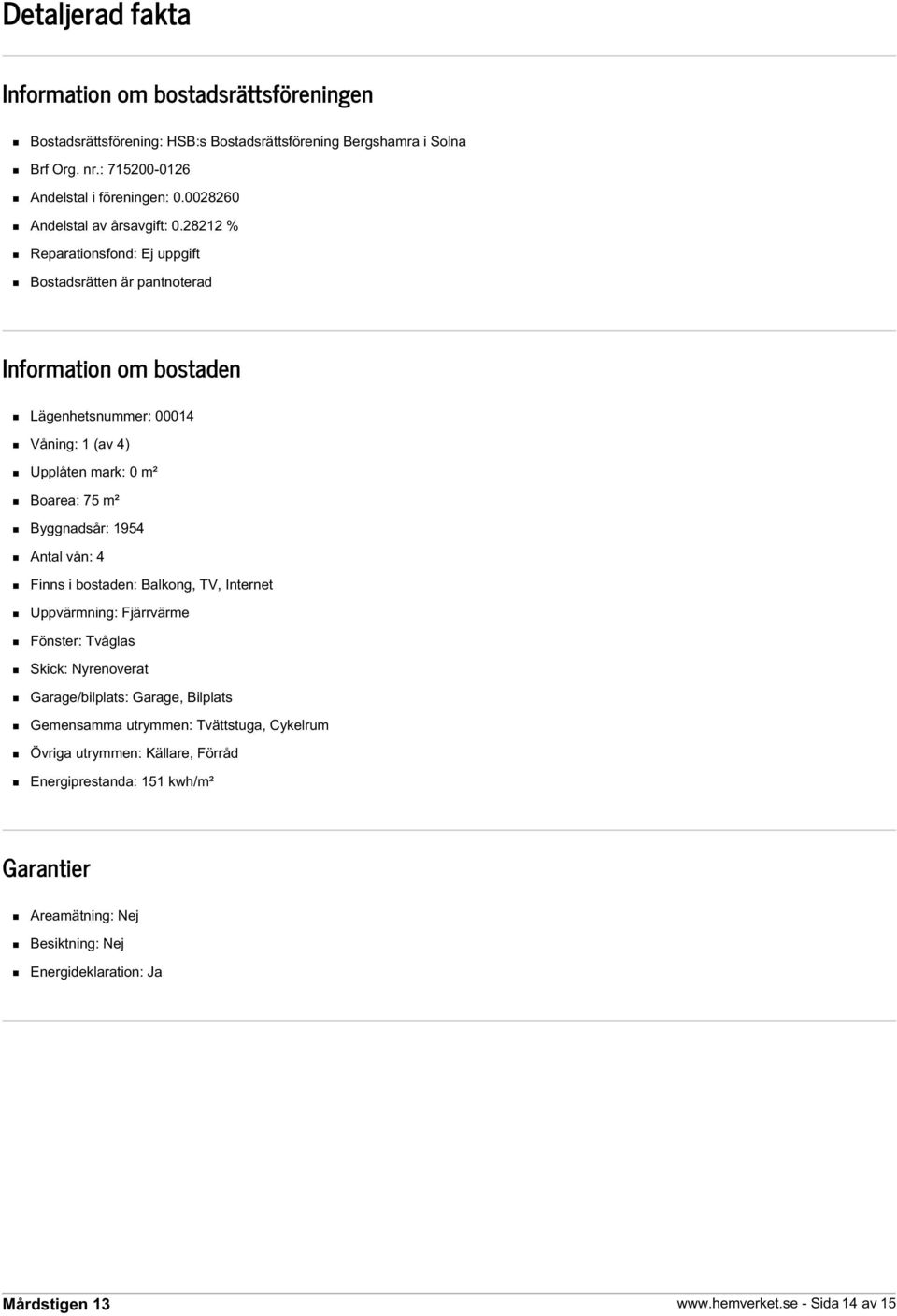 28212 % Reparationsfond: Ej uppgift Bostadsrätten är pantnoterad Information om bostaden Lägenhetsnummer: 00014 Våning: 1 (av 4) Upplåten mark: 0 m² Boarea: 75 m² Byggnadsår: 1954