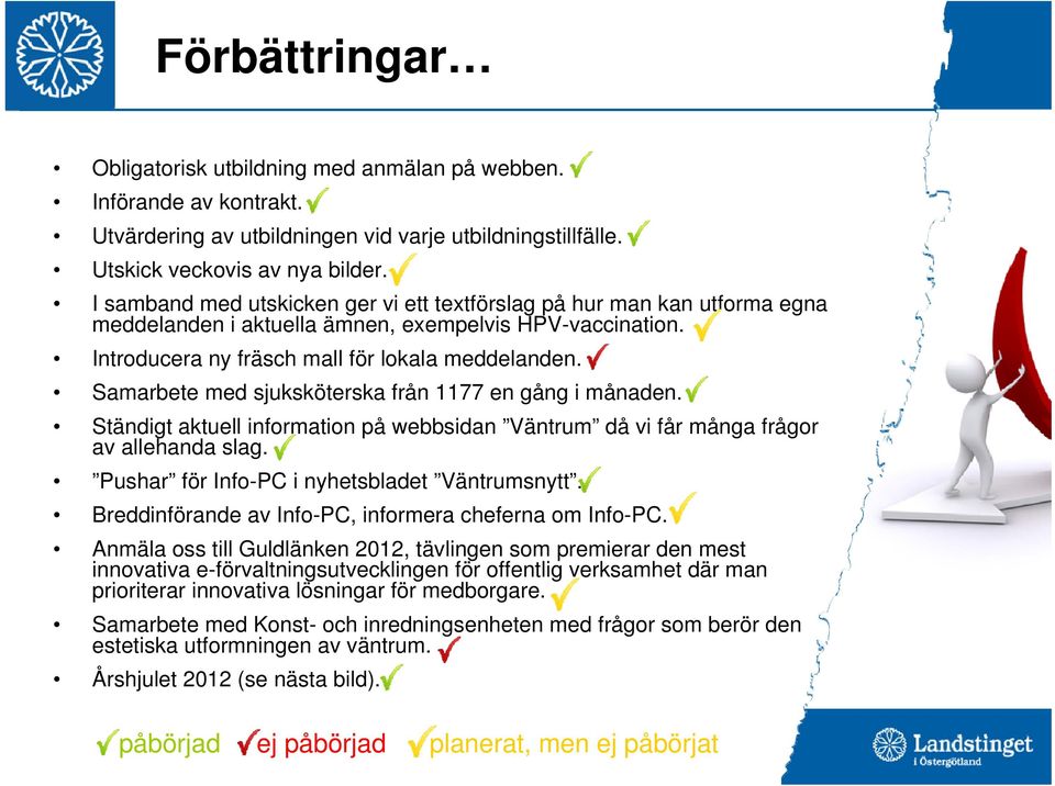 Samarbete med sjuksköterska från 1177 en gång i månaden. Ständigt aktuell information på webbsidan Väntrum då vi får många frågor av allehanda slag. Pushar för Info-PC i nyhetsbladet Väntrumsnytt.