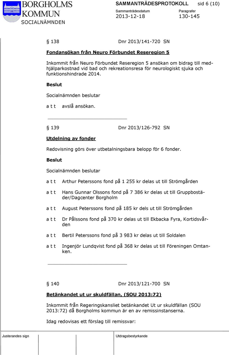 Arthur Peterssons fond på 1 255 kr delas ut till Strömgården Hans Gunnar Olssons fond på 7 386 kr delas ut till Gruppbostäder/Dagcenter Borgholm August Peterssons fond på 185 kr dels ut till