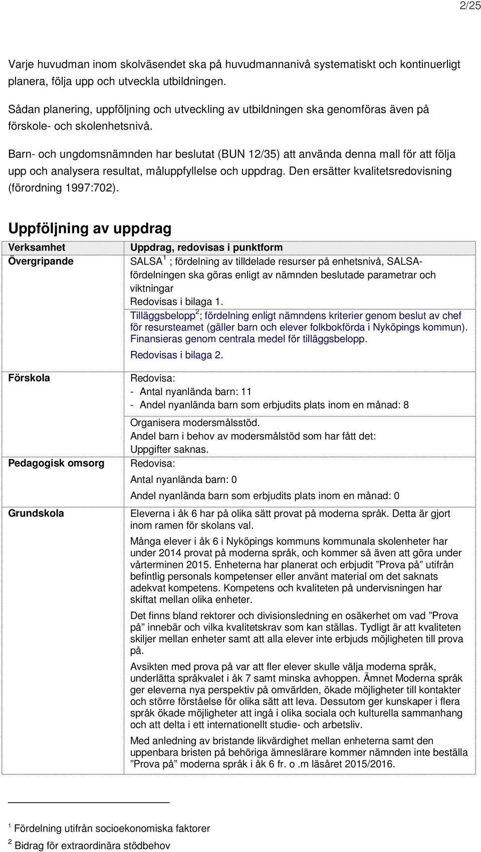 Barn- och ungdomsnämnden har beslutat (BUN 12/35) att använda denna mall för att följa upp och analysera resultat, måluppfyllelse och uppdrag. Den ersätter kvalitetsredovisning (förordning 1997:702).