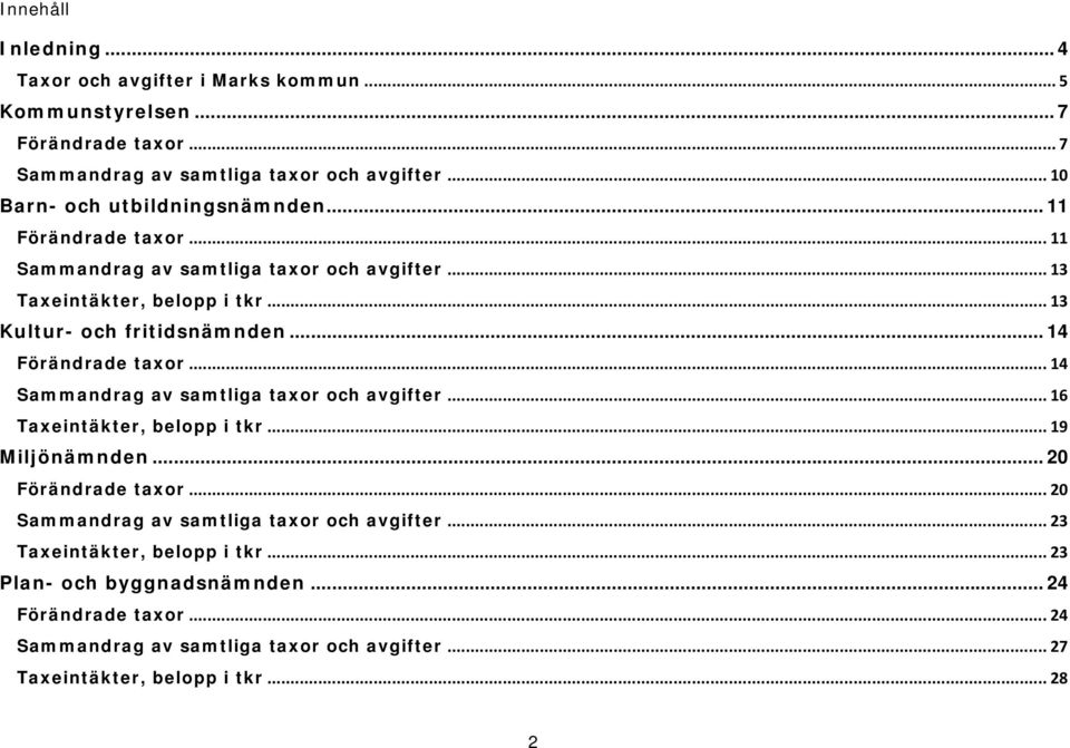 .. 14 Förändrade taxor... 14 Sammandrag av samtliga taxor och avgifter... 16 Taxeintäkter, belopp i tkr... 19 Miljönämnden... 20 Förändrade taxor.