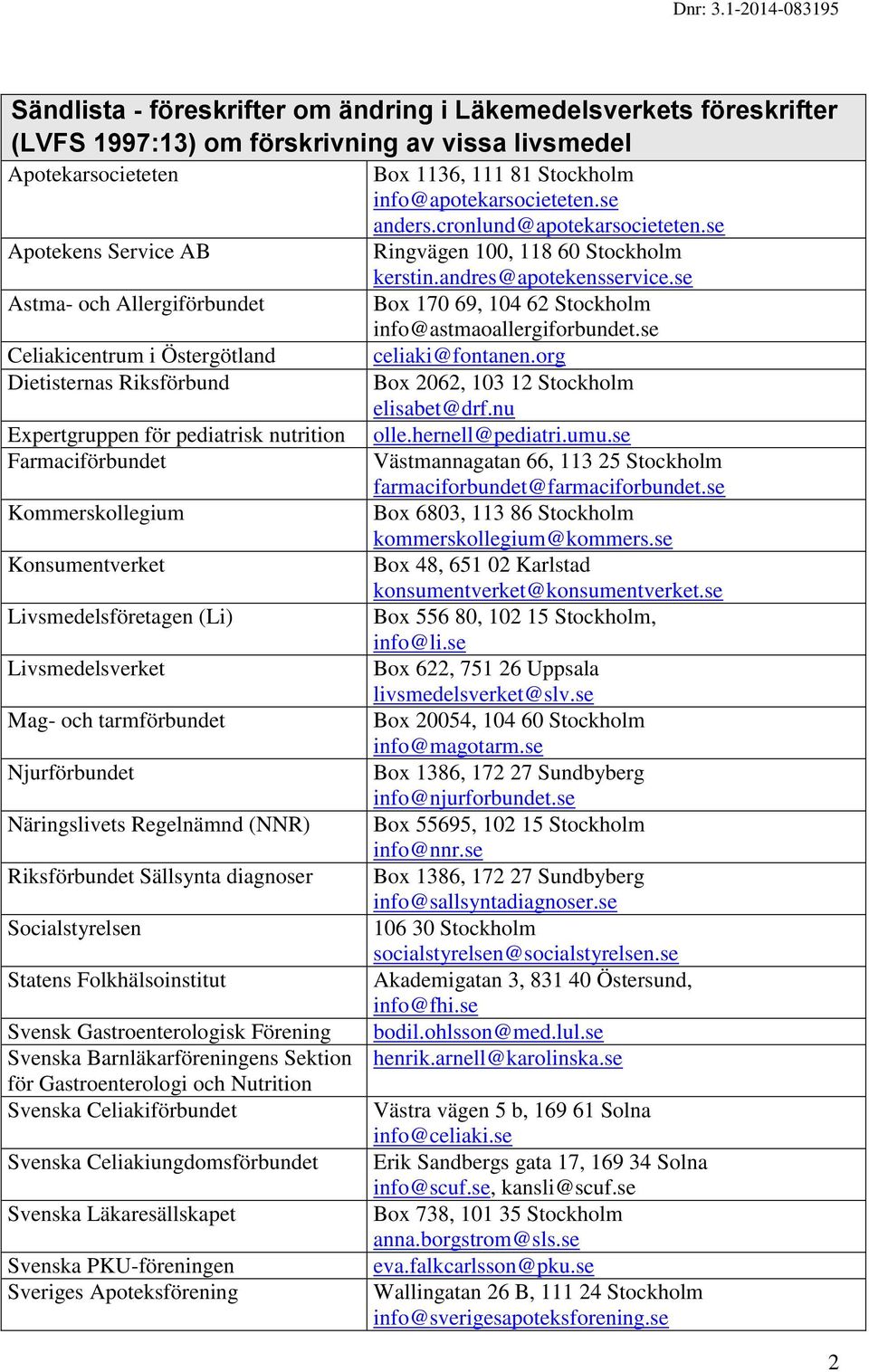 tarmförbundet Njurförbundet Näringslivets Regelnämnd (NNR) Riksförbundet Sällsynta diagnoser Socialstyrelsen Statens Folkhälsoinstitut Svensk Gastroenterologisk Förening Svenska Barnläkarföreningens