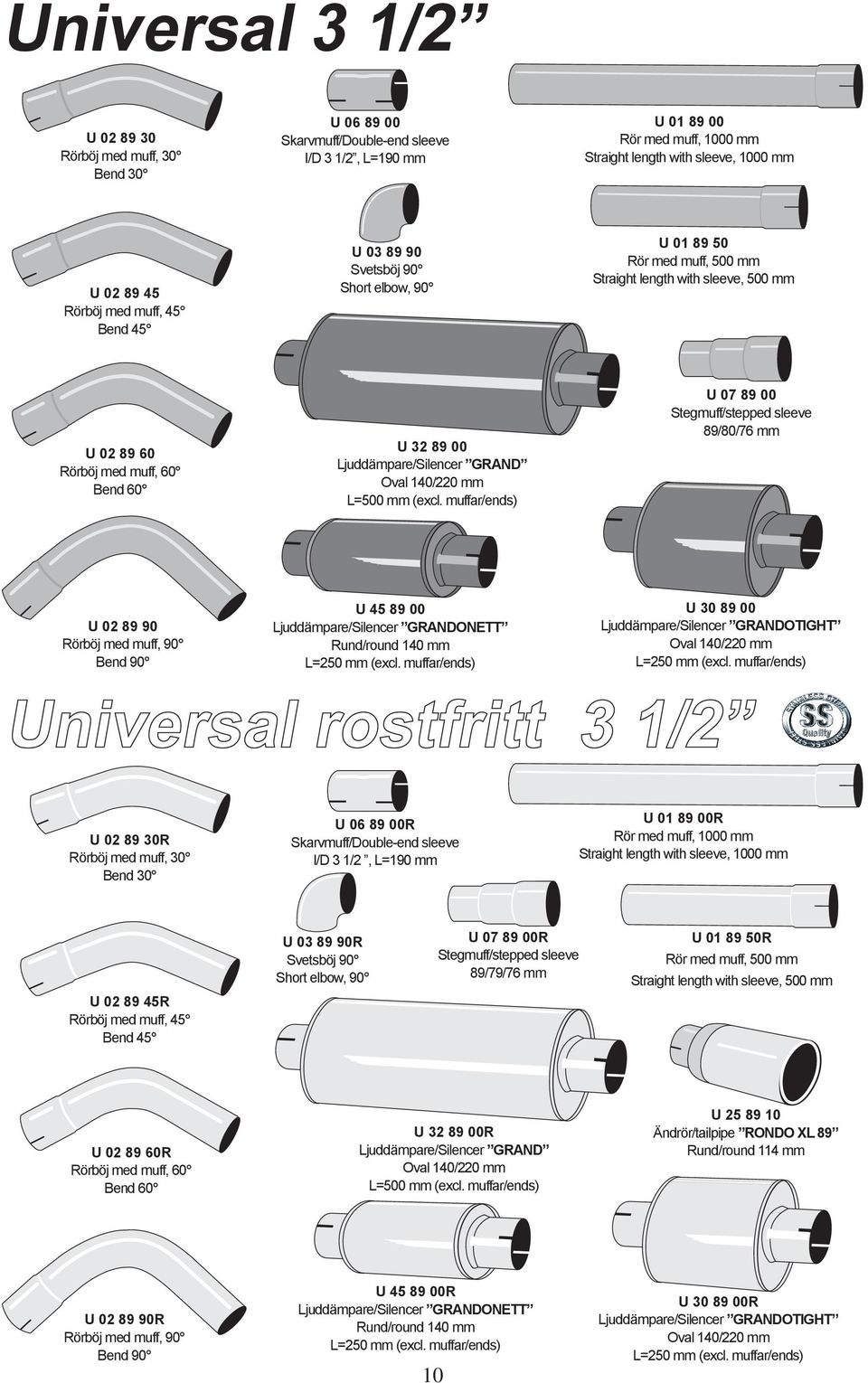 00R I/D 3 1/2, L=190 mm U 01 89 00R U 02 89 45R U 03 89 90R U 07 89 00R 89/79/76 mm U 01 89 50R U 02 89 60R U 32 89 00R Ljuddämpare/Silencer GRAND L=500 mm (excl.