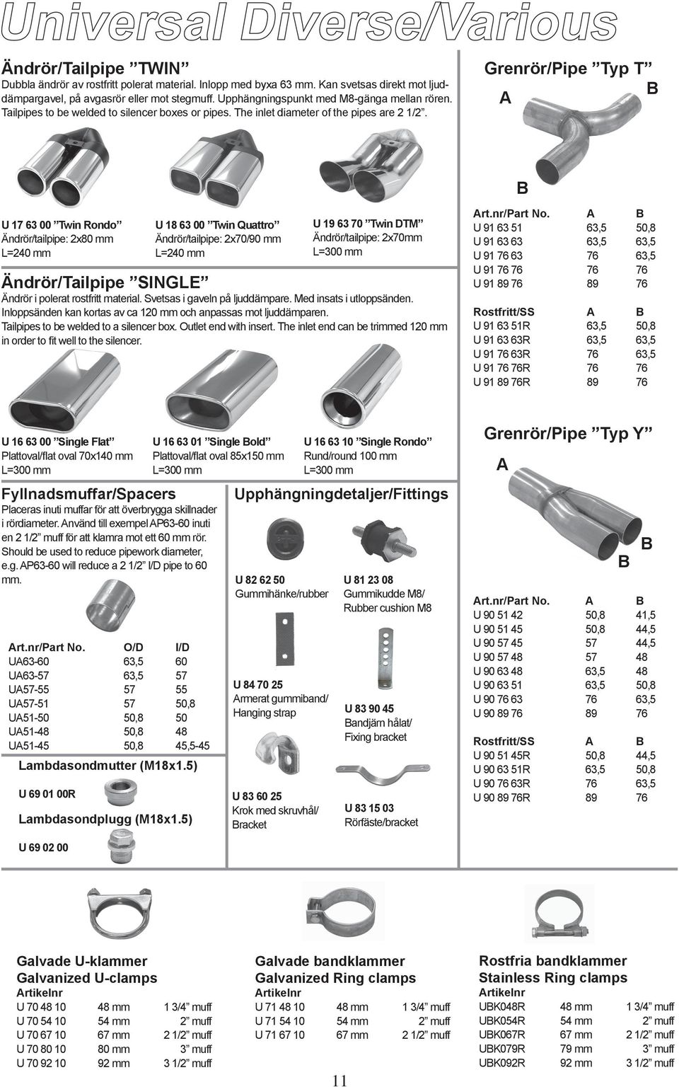 Grenrör/Pipe Typ T B A B U 17 63 00 Twin Rondo Ändrör/tailpipe: 2x80 mm L=240 mm U 18 63 00 Twin Quattro Ändrör/tailpipe: 2x70/90 mm L=240 mm U 19 63 70 Twin DTM Ändrör/tailpipe: 2x70mm L=300 mm