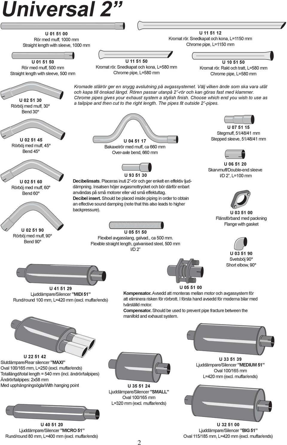 Välj vilken ände som ska vara utåt och kapa till önskad längd. Rören passar utanpå 2 -rör och kan göras fast med klammer. Chrome pipes gives your exhaust system a stylish finish.