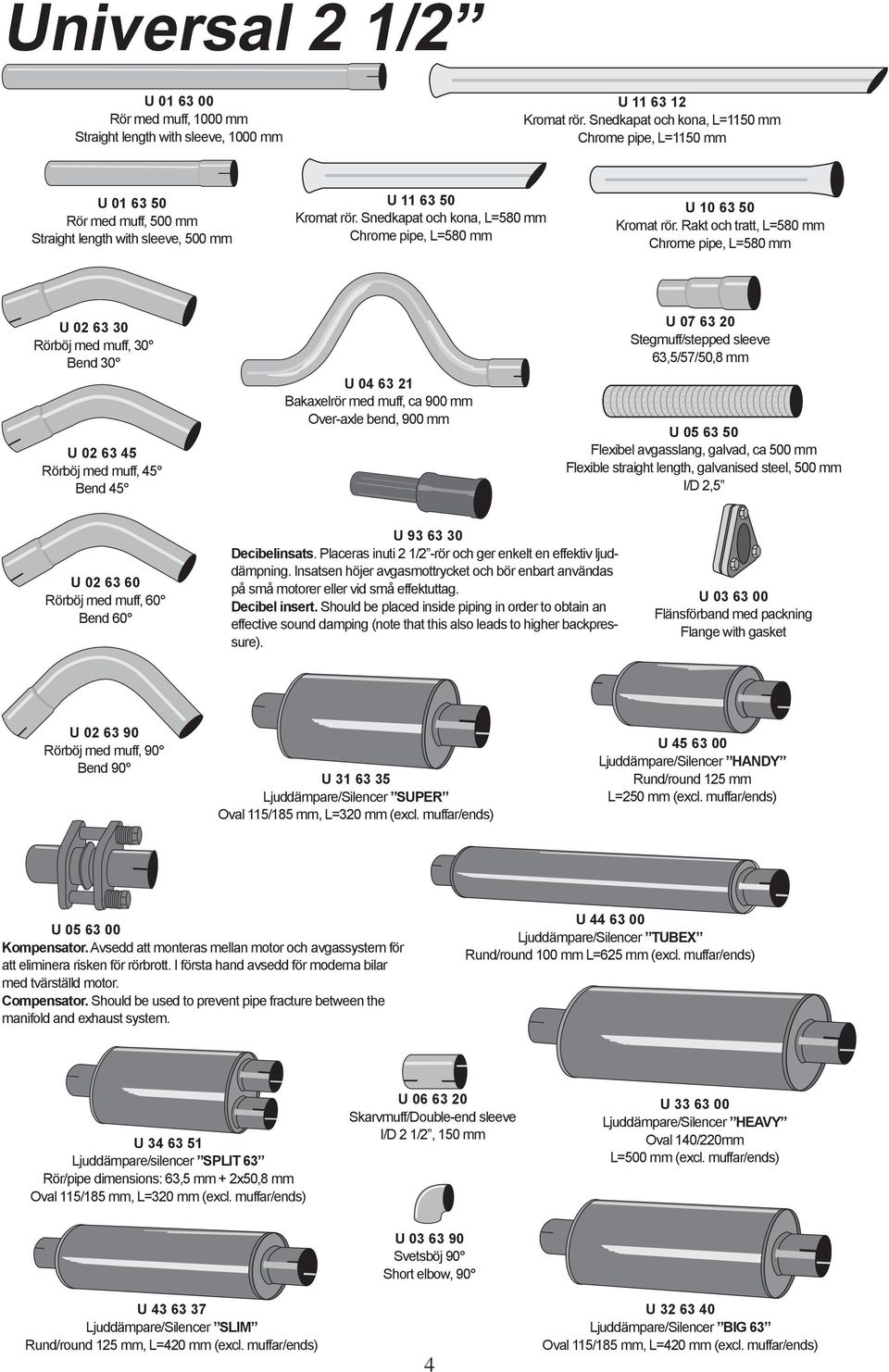 Rakt och tratt, L=580 mm Chrome pipe, L=580 mm U 02 63 30 U 02 63 45 U 04 63 21 Bakaxelrör med muff, ca 900 mm Over-axle bend, 900 mm U 07 63 20 63,5/57/50,8 mm U 05 63 50 Flexibel avgasslang,