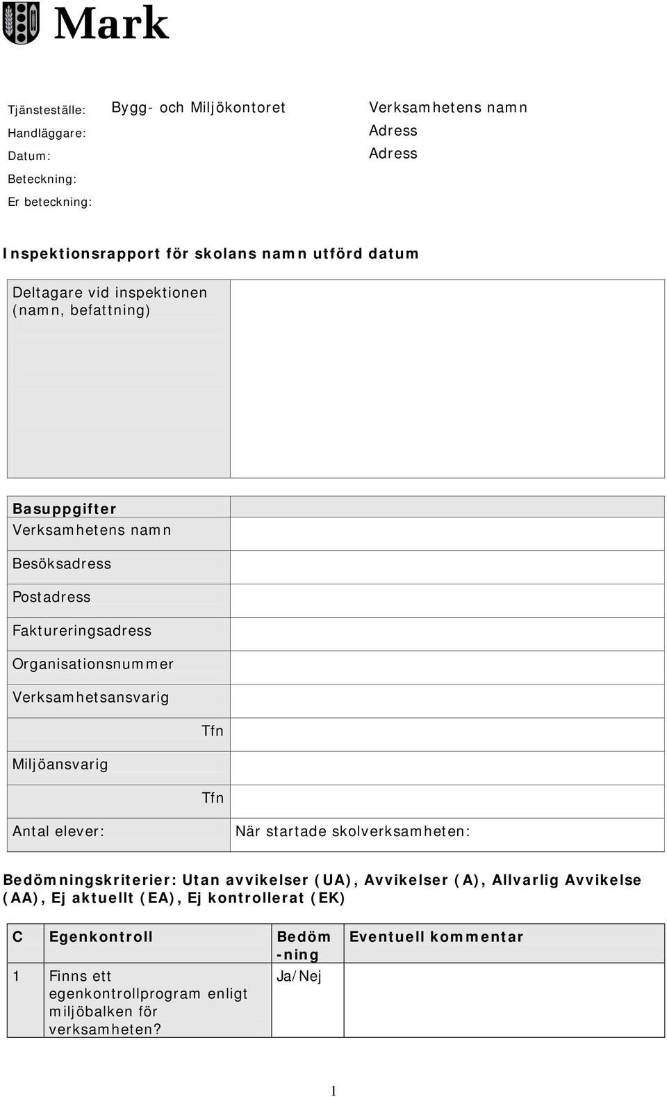 Organisationsnummer Verksamhetsansvarig Miljöansvarig Tfn Tfn Antal elever: När startade skolverksamheten: ningskriterier: Utan avvikelser (UA),