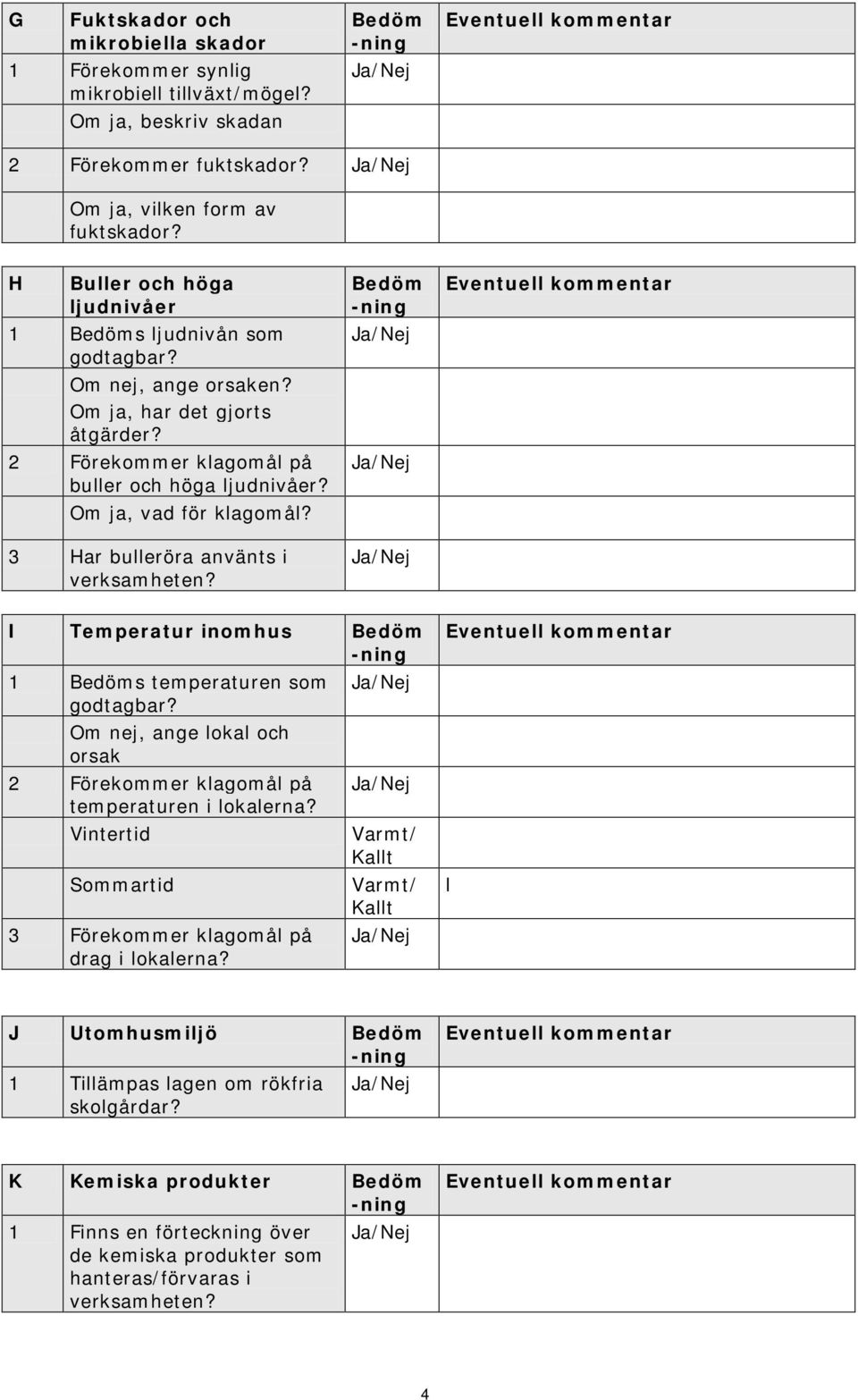 3 Har bulleröra använts i I Temperatur inomhus 1 s temperaturen som godtagbar? Om nej, ange lokal och orsak temperaturen i lokalerna?