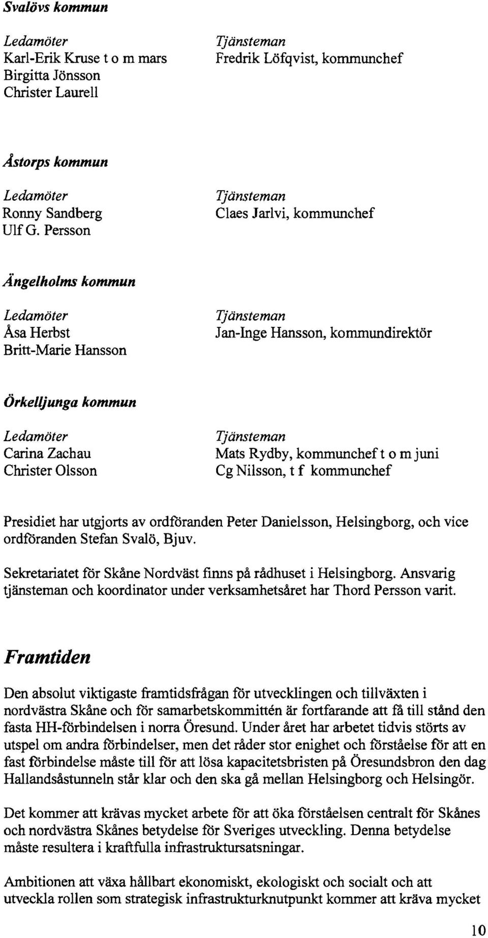 Mats Rydby, kommuncheft o m juni Cg Nilsson, t f kommunchef Presidiet har utgjorts av ordforanden Peter Danielsson, Helsingborg, och vice ordforanden Stefan Svalö, Bjuv.