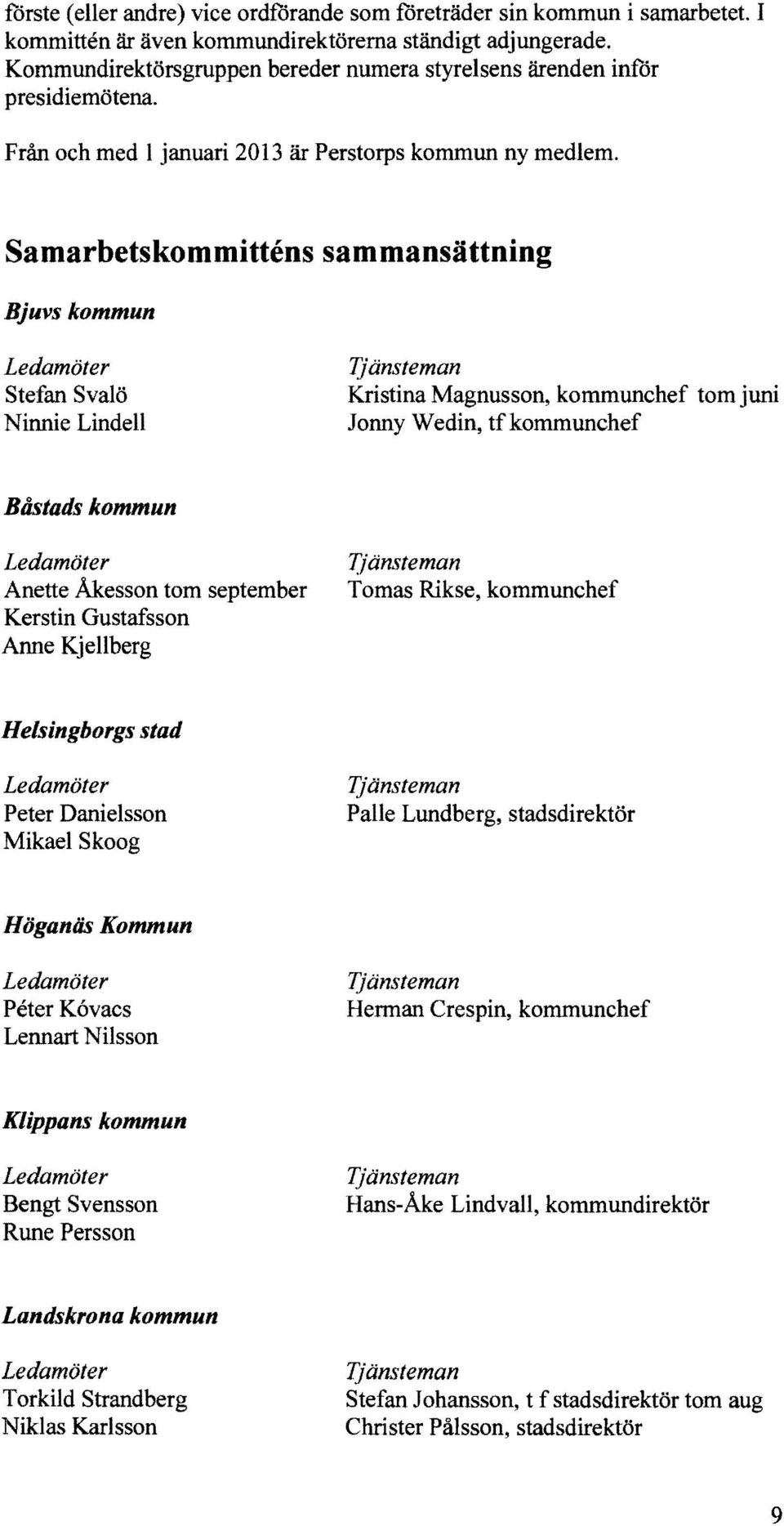 Samarbetskommittens sammansättning Bjuvs kommun Stefan Svalö Ninnie Lindell l}änsteman Kristina Magnusson, kommunchef tom juni Jonny We din, tfkommunchef Båstads kommun Anette Åkesson tom september