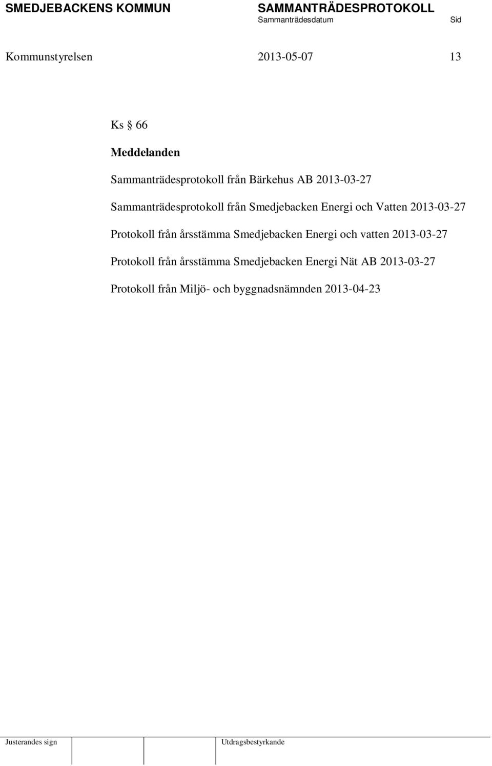 Protokoll från årsstämma Smedjebacken Energi och vatten 2013-03-27 Protokoll från