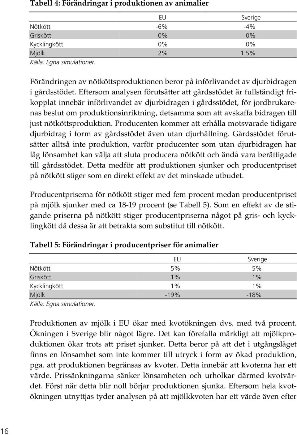 Eftersom analysen förutsätter att gårdsstödet är fullständigt frikopplat innebär införlivandet av djurbidragen i gårdsstödet, för jordbrukarenas beslut om produktionsinriktning, detsamma som att