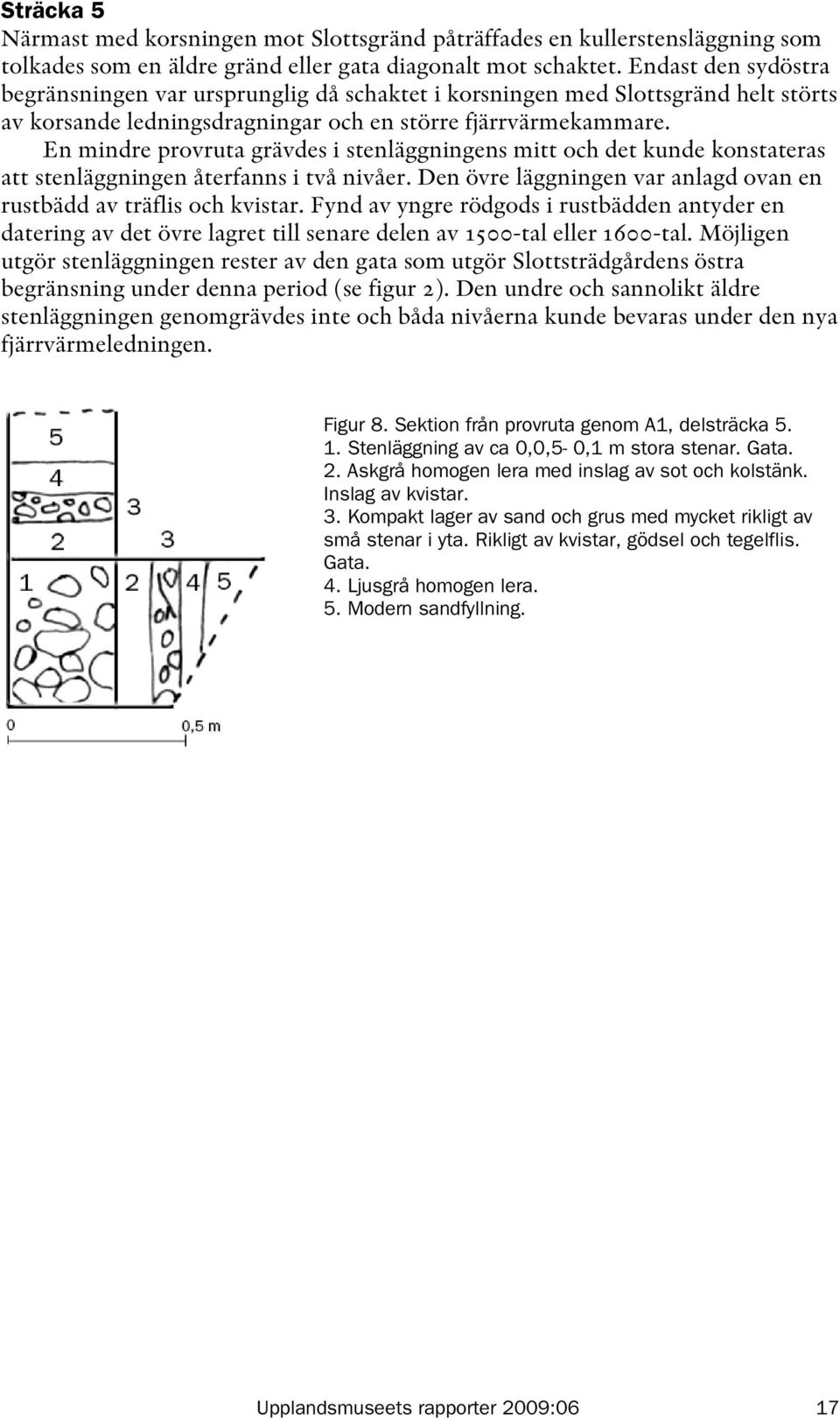 En mindre provruta grävdes i stenläggningens mitt och det kunde konstateras att stenläggningen återfanns i två nivåer. Den övre läggningen var anlagd ovan en rustbädd av träflis och kvistar.