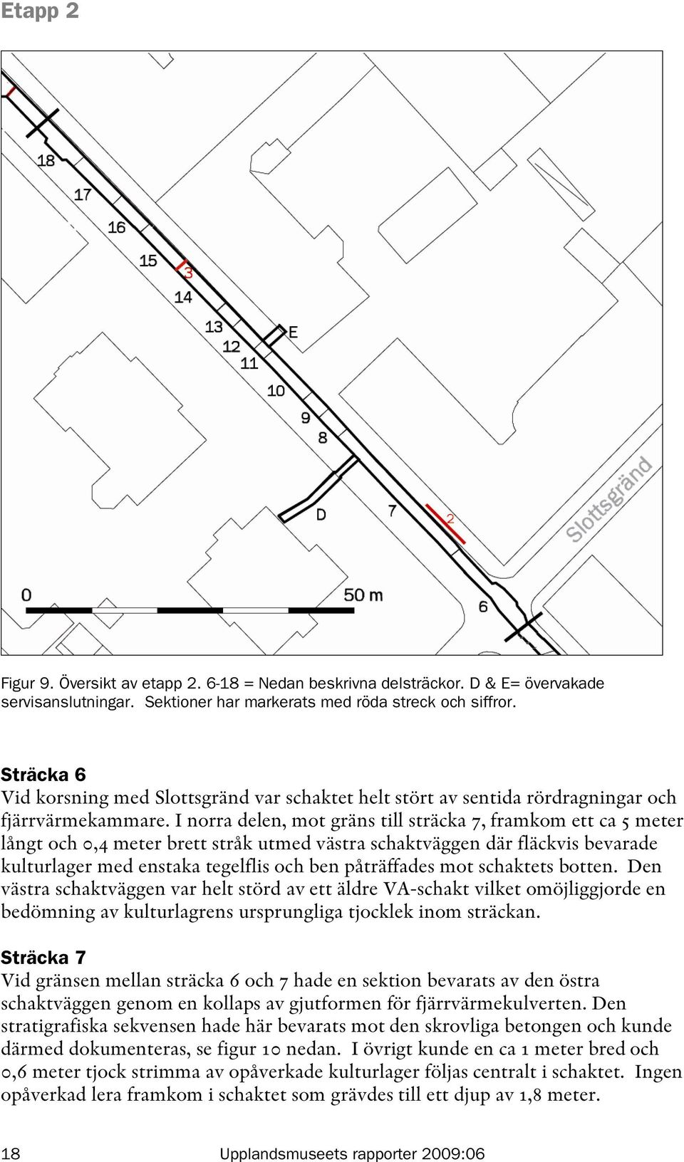 I norra delen, mot gräns till sträcka 7, framkom ett ca 5 meter långt och 0,4 meter brett stråk utmed västra schaktväggen där fläckvis bevarade kulturlager med enstaka tegelflis och ben påträffades