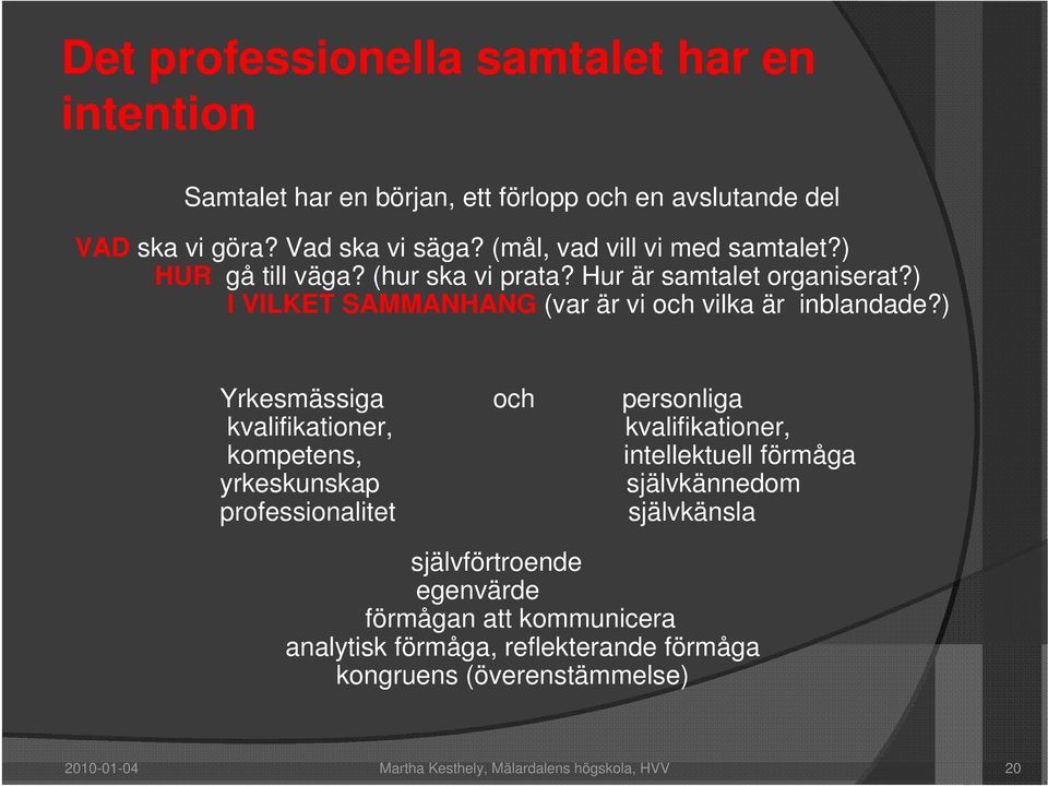 ) Yrkesmässiga och personliga kvalifikationer, kvalifikationer, kompetens, intellektuell förmåga yrkeskunskap självkännedom professionalitet självkänsla