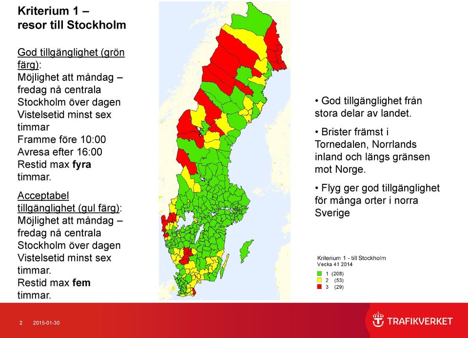 Acceptabel tillgänglighet Möjlighet att måndag fredag nå centrala Stockholm över dagen Vistelsetid minst sex timmar.