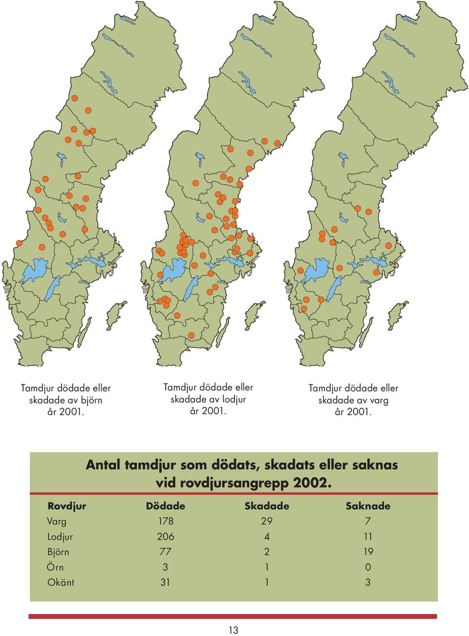 Tamdjur dödade eller skadade av varg år 2001.